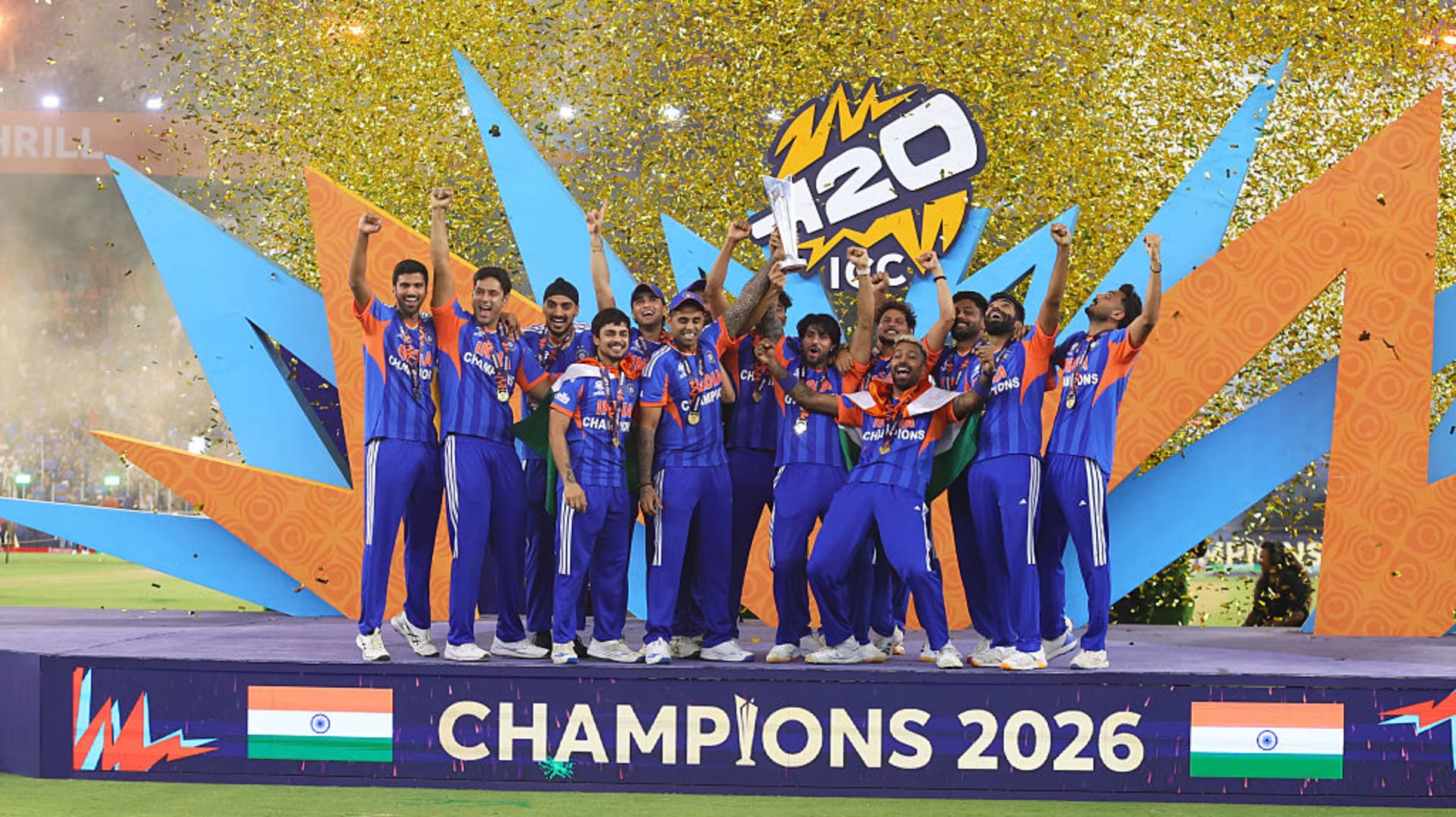 Indian cricket team celebrating T20 World Cup victory, champions 2026.